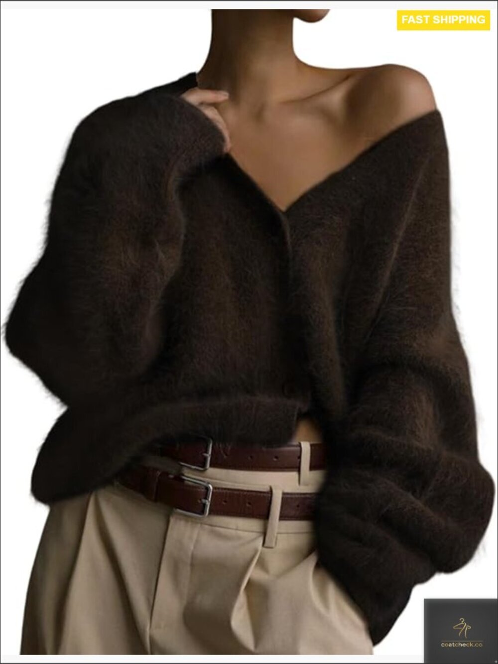 Fuzzy Cardigan Sweater V Neck Long Sleeve Button Down Slouchy Furry Knit